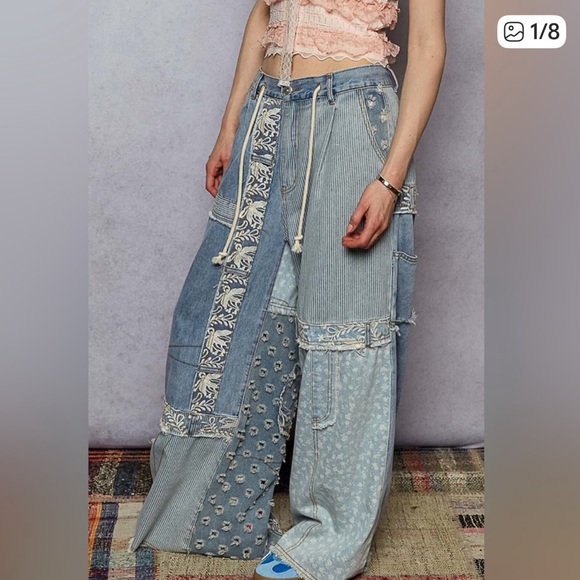 POL Denim - POL Light Wash Denim Patchwork Wide Leg Pants